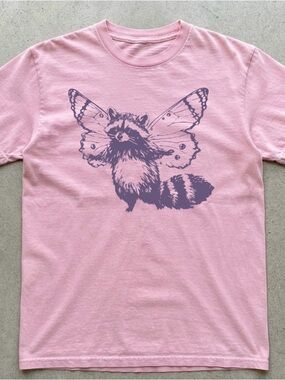 Raccoon Butterfly  on Pink T-Shirt | Cottagecore Cute | Animal Lovers